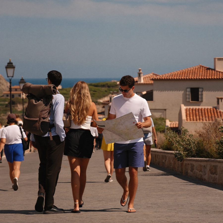 Couple exploring a coastal town